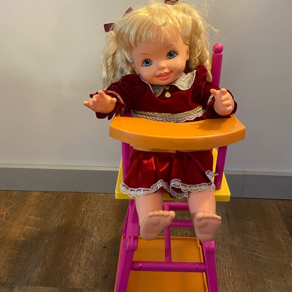 Vintage Mattel Kelly 2000 Adorable Blonde Doll with Red Dress and High Chair HTF